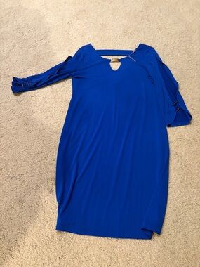 Neiman Marcus Cobalt Blue Long-Sleeve Shift Dress with Keyhole